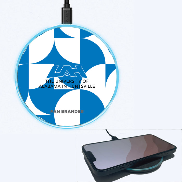 Fan Brander Grey 15W Wireless Charger with UAH Chargers Primary Logo on Geometric Circle Background