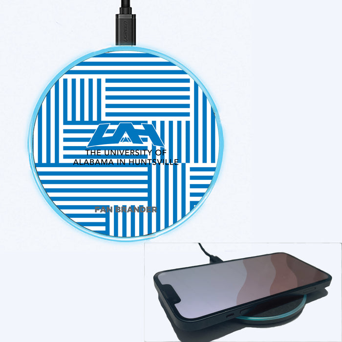 Fan Brander Grey 15W Wireless Charger with UAH Chargers Primary Logo on Geometric Lines Background