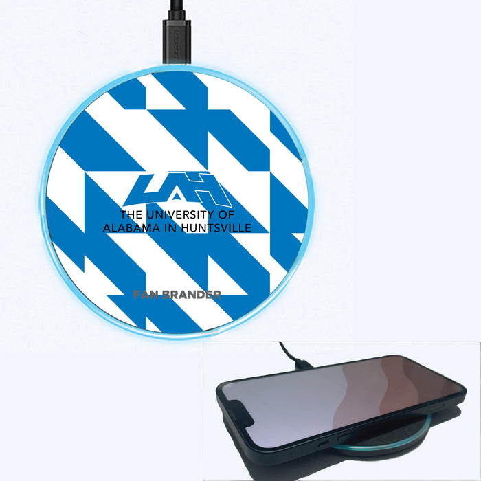 Fan Brander Grey 15W Wireless Charger with UAH Chargers Primary Logo on Geometric Quad Background