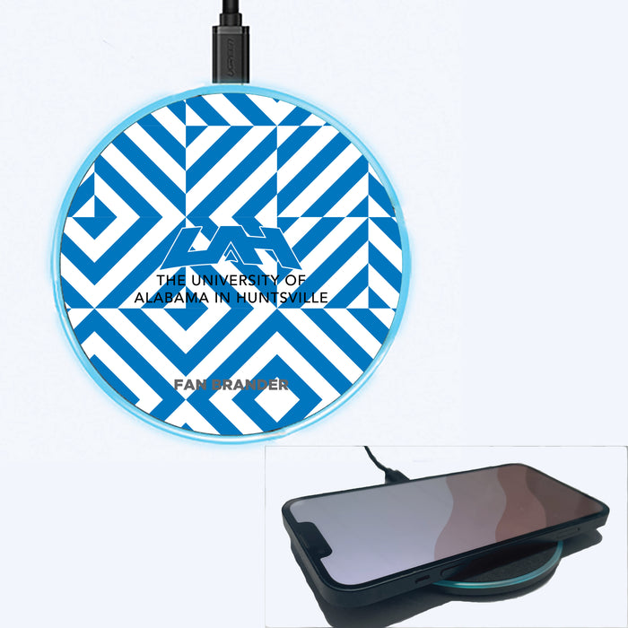 Fan Brander Grey 15W Wireless Charger with UAH Chargers Primary Logo on Geometric Diamonds Background