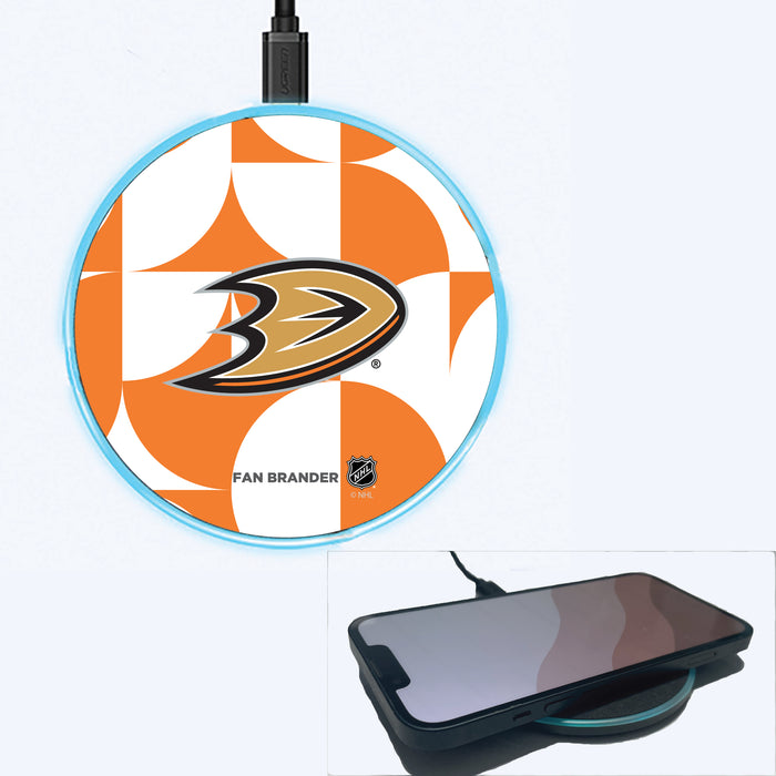 Fan Brander Grey 15W Wireless Charger with Anaheim Ducks Primary Logo on Geometric Circle Background