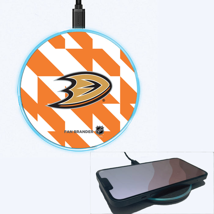 Fan Brander Grey 15W Wireless Charger with Anaheim Ducks Primary Logo on Geometric Quad Background