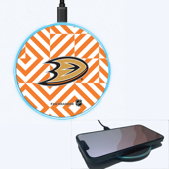 Fan Brander Grey 15W Wireless Charger with Anaheim Ducks Primary Logo on Geometric Diamonds Background