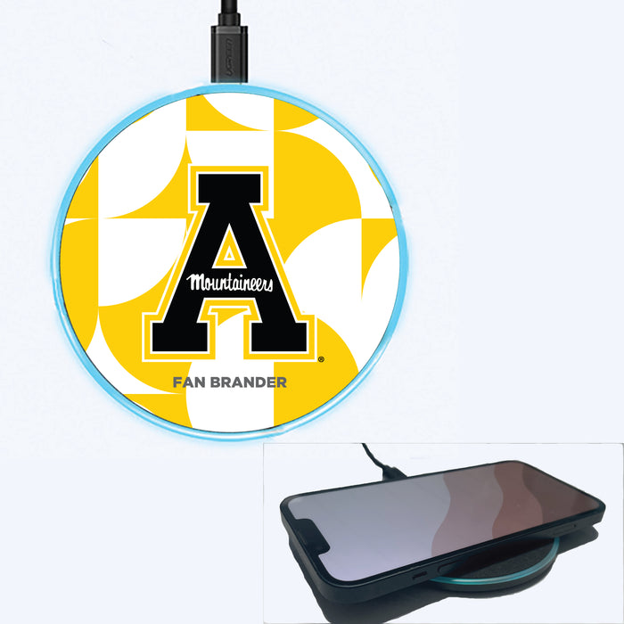 Fan Brander Grey 15W Wireless Charger with Appalachian State Mountaineers Primary Logo on Geometric Circle Background