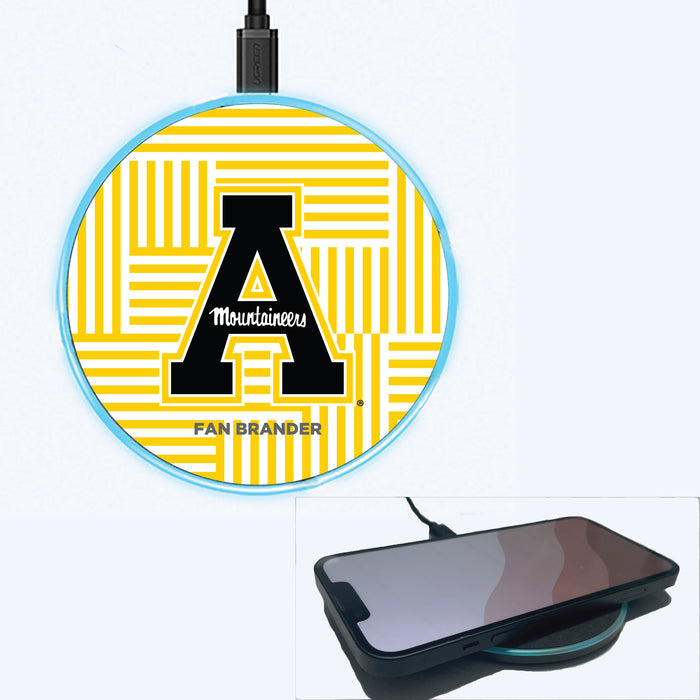 Fan Brander Grey 15W Wireless Charger with Appalachian State Mountaineers Primary Logo on Geometric Lines Background
