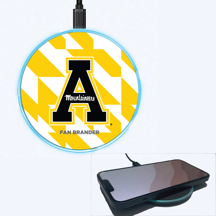 Fan Brander Grey 15W Wireless Charger with Appalachian State Mountaineers Primary Logo on Geometric Quad Background