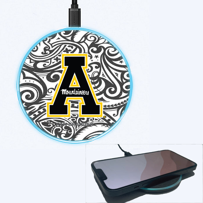 Fan Brander Grey 15W Wireless Charger with Appalachian State Mountaineers Primary Logo With Black Tribal
