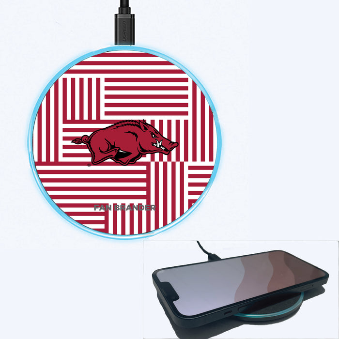 Fan Brander Grey 15W Wireless Charger with Arkansas Razorbacks Primary Logo on Geometric Lines Background