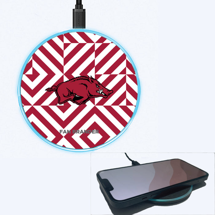 Fan Brander Grey 15W Wireless Charger with Arkansas Razorbacks Primary Logo on Geometric Diamonds Background