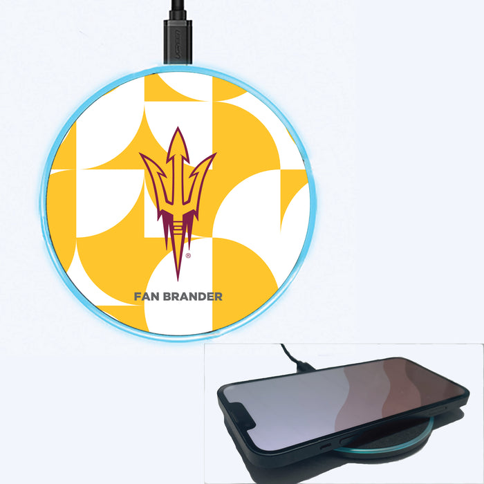Fan Brander Grey 15W Wireless Charger with Arizona State Sun Devils Primary Logo on Geometric Circle Background