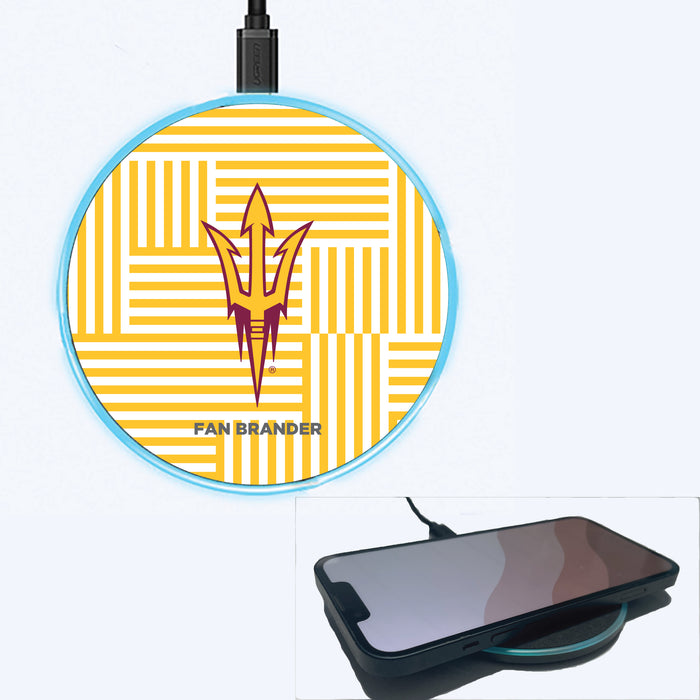 Fan Brander Grey 15W Wireless Charger with Arizona State Sun Devils Primary Logo on Geometric Lines Background