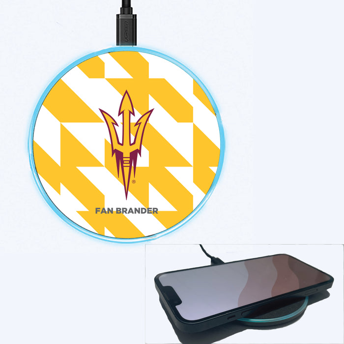 Fan Brander Grey 15W Wireless Charger with Arizona State Sun Devils Primary Logo on Geometric Quad Background