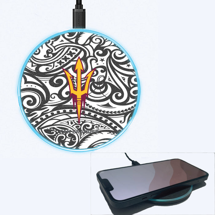 Fan Brander Grey 15W Wireless Charger with Arizona State Sun Devils Primary Logo With Black Tribal
