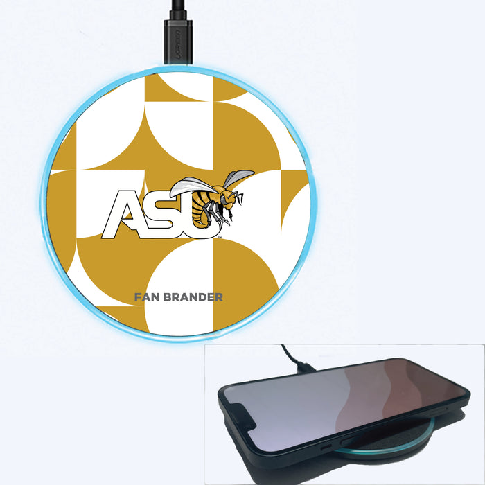 Fan Brander Grey 15W Wireless Charger with Alabama State Hornets Primary Logo on Geometric Circle Background