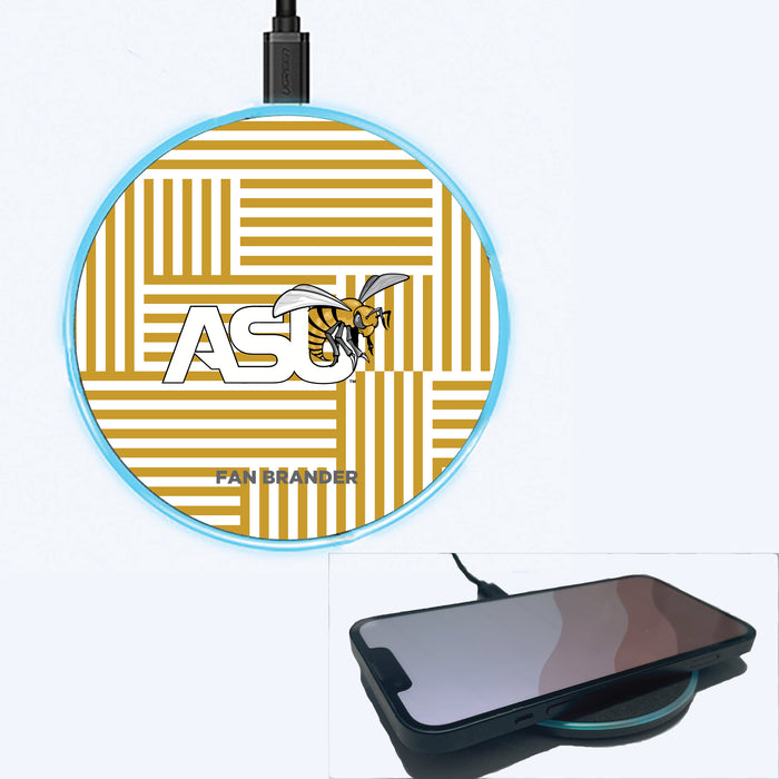 Fan Brander Grey 15W Wireless Charger with Alabama State Hornets Primary Logo on Geometric Lines Background