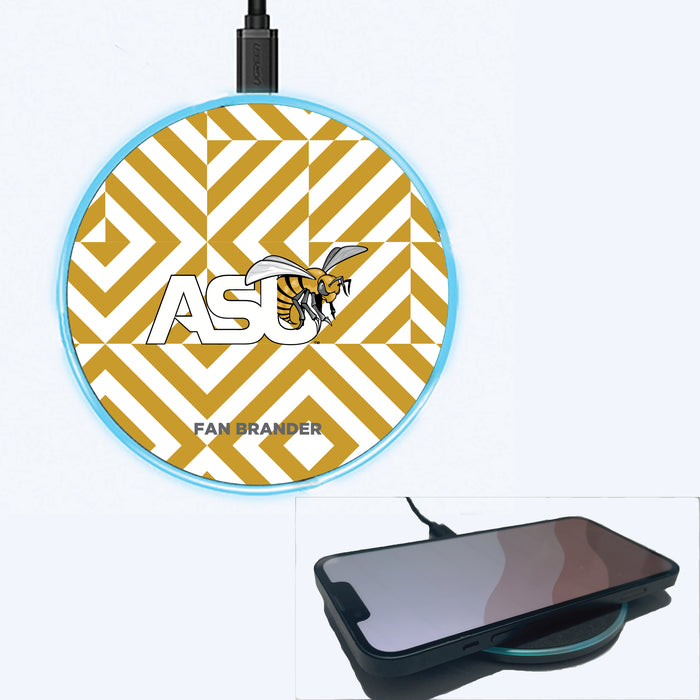 Fan Brander Grey 15W Wireless Charger with Alabama State Hornets Primary Logo on Geometric Diamonds Background