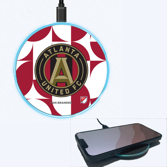 Fan Brander Grey 15W Wireless Charger with Atlanta United FC Primary Logo on Geometric Circle Background