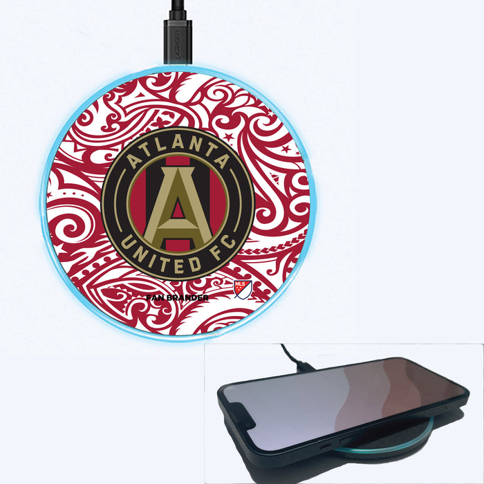 Fan Brander Grey 15W Wireless Charger with Atlanta United FC Primary Logo With Team Color Tribal Background