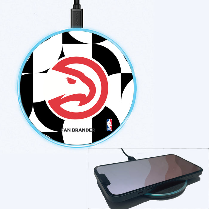 Fan Brander Grey 15W Wireless Charger with Atlanta Hawks Primary Logo on Geometric Circle Background