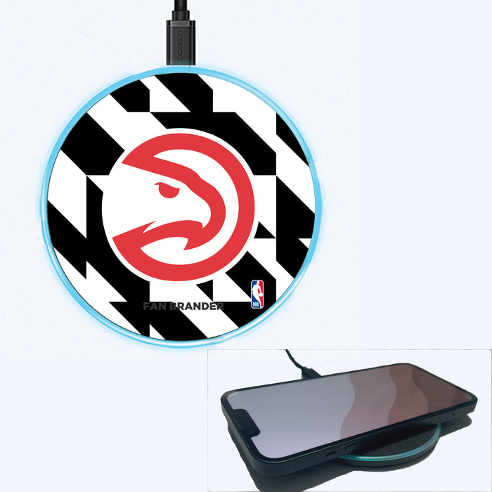 Fan Brander Grey 15W Wireless Charger with Atlanta Hawks Primary Logo on Geometric Quad Background