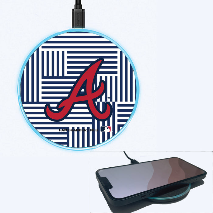 Fan Brander Grey 15W Wireless Charger with Atlanta Braves Primary Logo on Geometric Lines Background