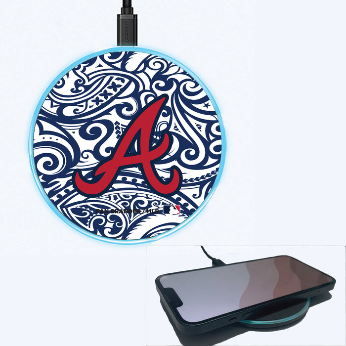 Fan Brander Grey 15W Wireless Charger with Atlanta Braves Primary Logo With Team Color Tribal Background
