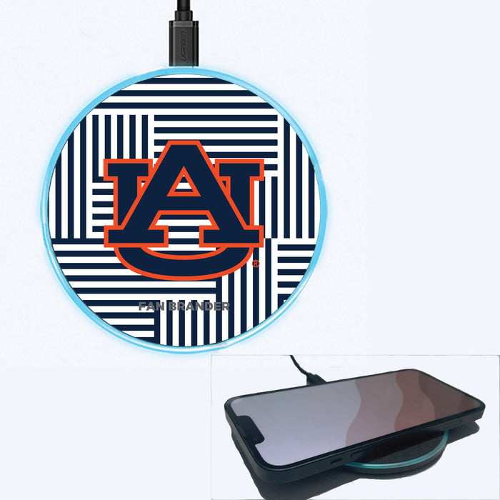 Fan Brander Grey 15W Wireless Charger with Auburn Tigers Primary Logo on Geometric Lines Background