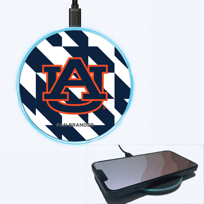 Fan Brander Grey 15W Wireless Charger with Auburn Tigers Primary Logo on Geometric Quad Background