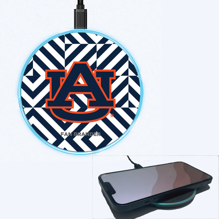 Fan Brander Grey 15W Wireless Charger with Auburn Tigers Primary Logo on Geometric Diamonds Background