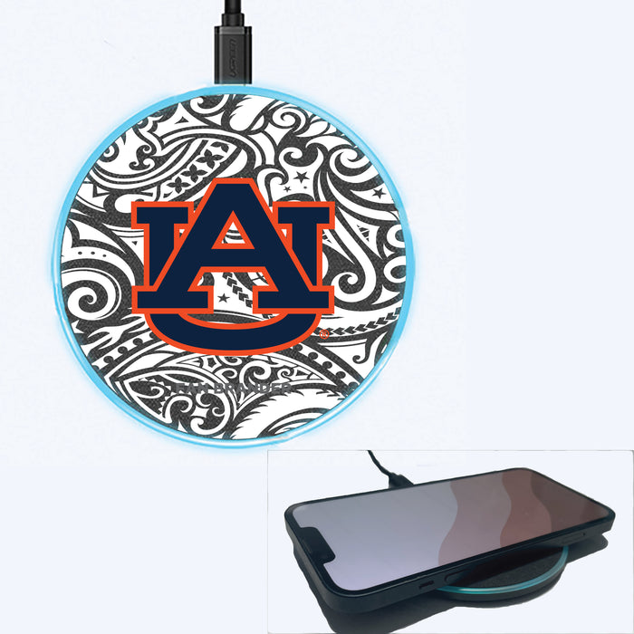Fan Brander Grey 15W Wireless Charger with Auburn Tigers Primary Logo With Black Tribal