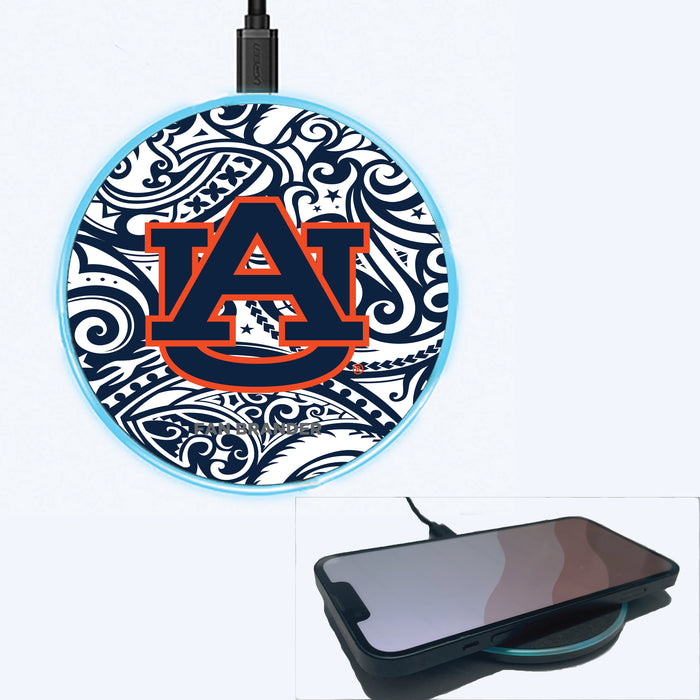 Fan Brander Grey 15W Wireless Charger with Auburn Tigers Primary Logo With Team Color Tribal Background