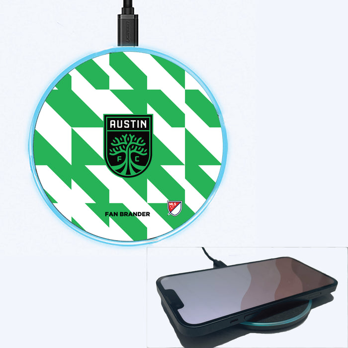 Fan Brander Grey 15W Wireless Charger with Austin FC Primary Logo on Geometric Quad Background