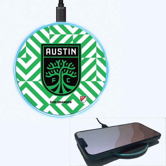 Fan Brander Grey 15W Wireless Charger with Austin FC Primary Logo on Geometric Diamonds Background