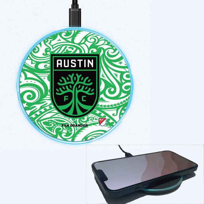 Fan Brander Grey 15W Wireless Charger with Austin FC Primary Logo With Team Color Tribal Background