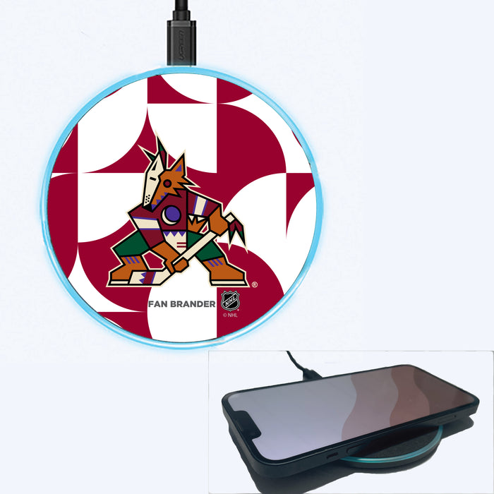 Fan Brander Grey 15W Wireless Charger with Arizona Coyotes Primary Logo on Geometric Circle Background