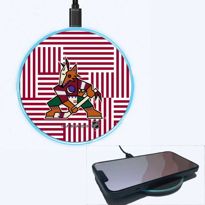 Fan Brander Grey 15W Wireless Charger with Arizona Coyotes Primary Logo on Geometric Lines Background