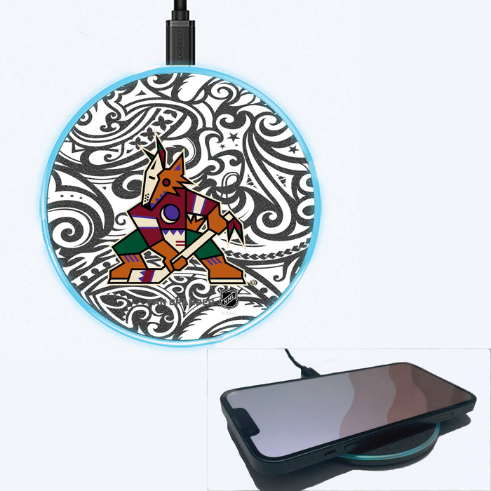 Fan Brander Grey 15W Wireless Charger with Arizona Coyotes Primary Logo With Black Tribal
