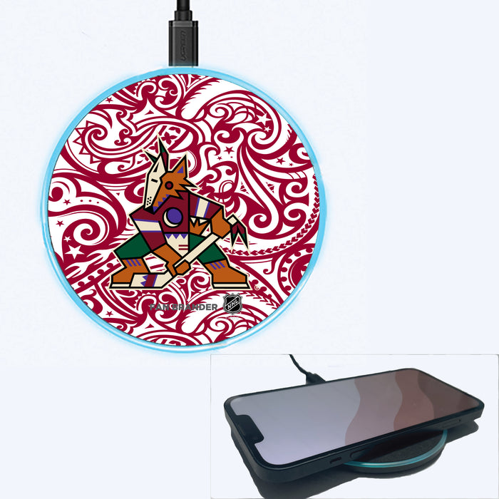 Fan Brander Grey 15W Wireless Charger with Arizona Coyotes Primary Logo With Team Color Tribal Background