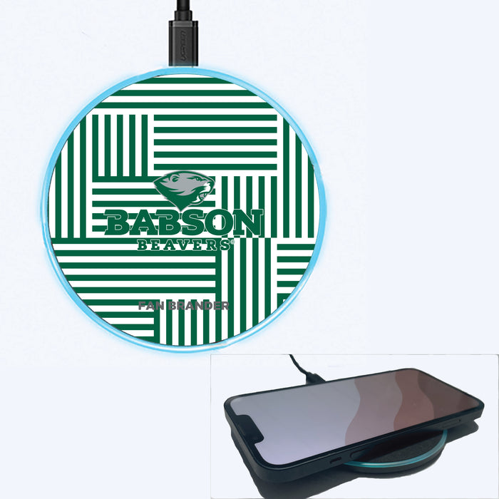Fan Brander Grey 15W Wireless Charger with Babson University Primary Logo on Geometric Lines Background
