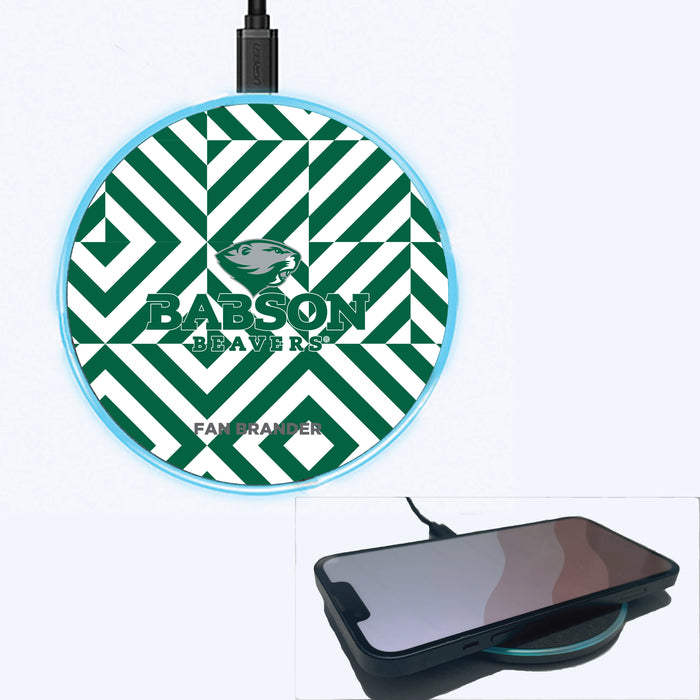Fan Brander Grey 15W Wireless Charger with Babson University Primary Logo on Geometric Diamonds Background