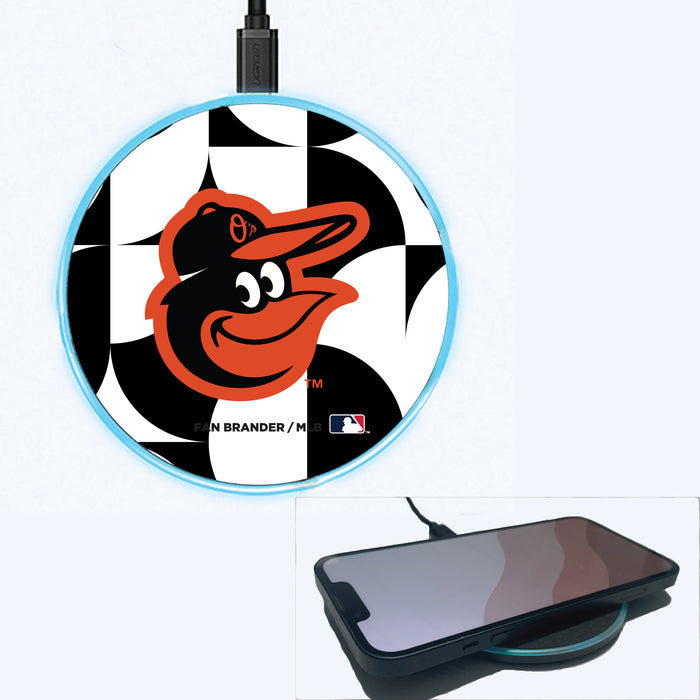 Fan Brander Grey 15W Wireless Charger with Baltimore Orioles Primary Logo on Geometric Circle Background