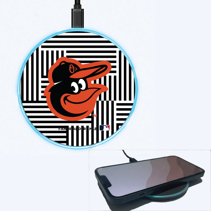 Fan Brander Grey 15W Wireless Charger with Baltimore Orioles Primary Logo on Geometric Lines Background