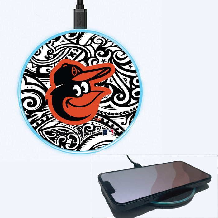 Fan Brander Grey 15W Wireless Charger with Baltimore Orioles Primary Logo With Team Color Tribal Background