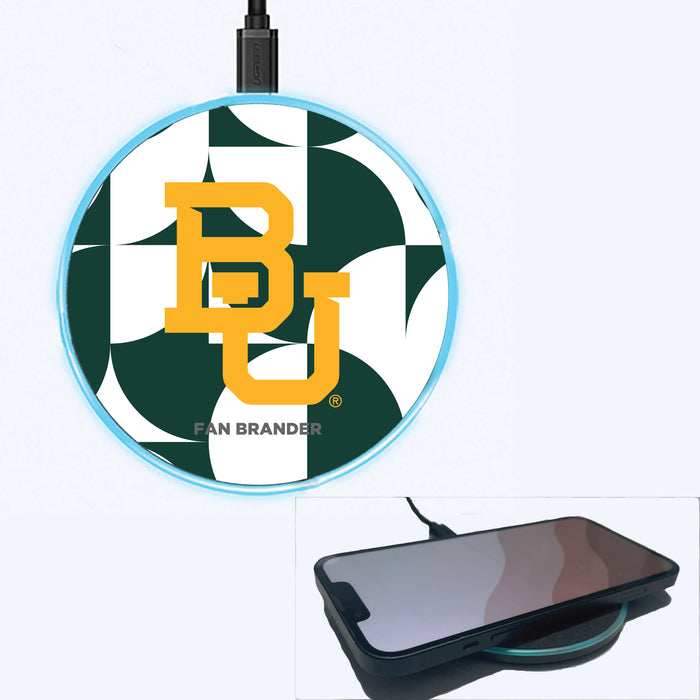 Fan Brander Grey 15W Wireless Charger with Baylor Bears Primary Logo on Geometric Circle Background