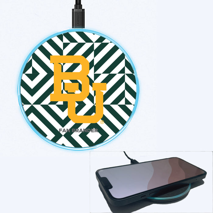 Fan Brander Grey 15W Wireless Charger with Baylor Bears Primary Logo on Geometric Diamonds Background