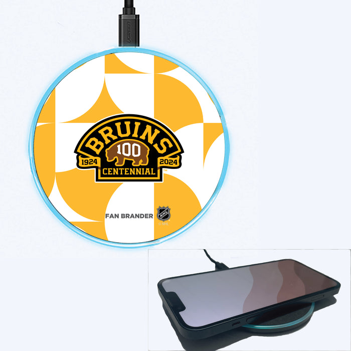 Fan Brander Grey 15W Wireless Charger with Boston Bruins Primary Logo on Geometric Circle Background