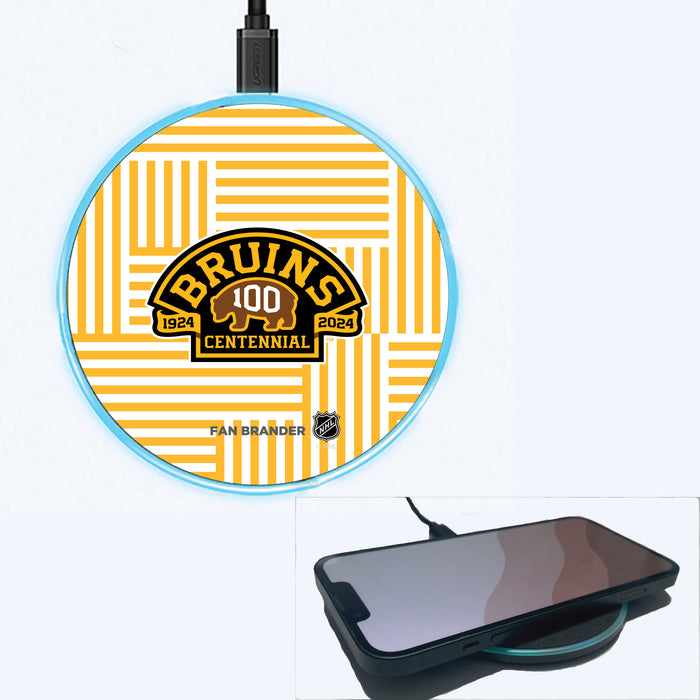 Fan Brander Grey 15W Wireless Charger with Boston Bruins Primary Logo on Geometric Lines Background