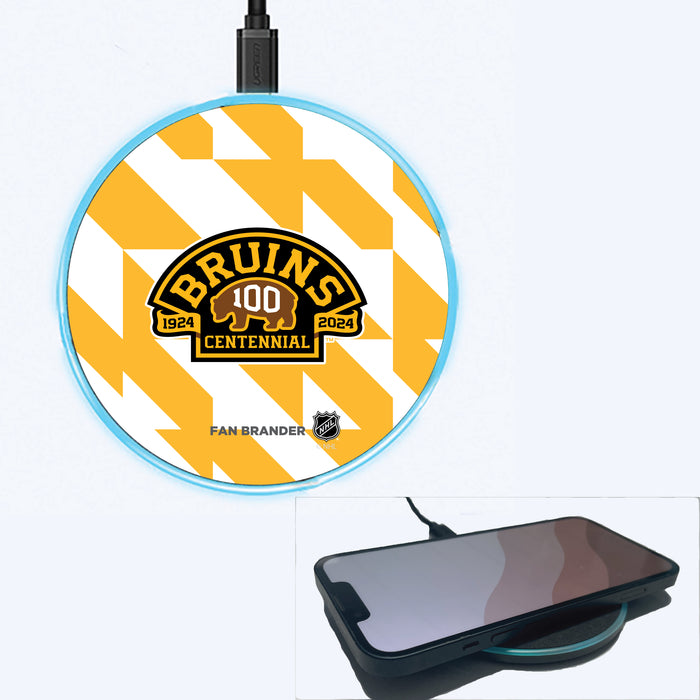 Fan Brander Grey 15W Wireless Charger with Boston Bruins Primary Logo on Geometric Quad Background