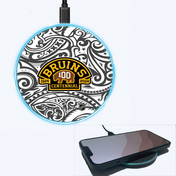 Fan Brander Grey 15W Wireless Charger with Boston Bruins Primary Logo With Black Tribal