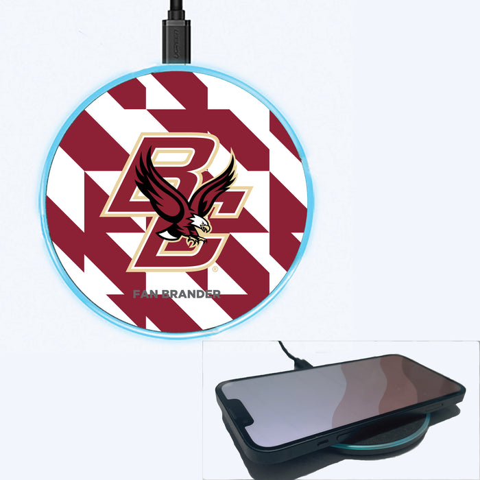 Fan Brander Grey 15W Wireless Charger with Boston College Eagles Primary Logo on Geometric Quad Background